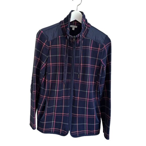 Talbots Jackets & Blazers - T by Talbots Navy Blue Tattersall Plaid Knit Zip Jacket Size Medium Petite
